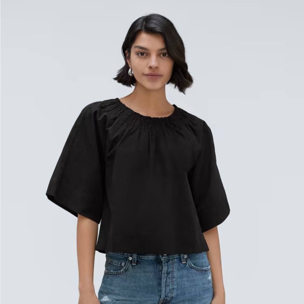 Everlane Black Gathered Neck Short-Sleeve Blouse - Picture 11 of 12